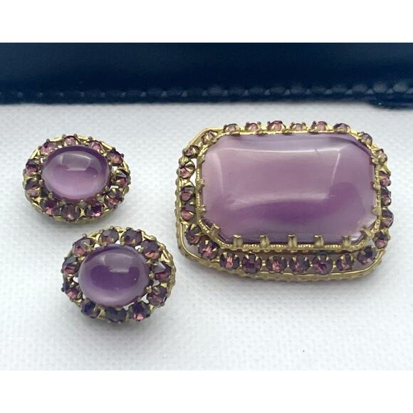 Vtg Bohemian Czech Brooch & Clip Earrings Brass & Purple Satin Glass Cabochon - Picture 1 of 10